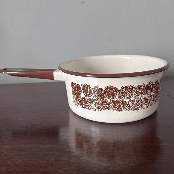 Vintage 1970s Enamel Brown/white Flower Pattern Sauce Pan (no Lid) - Picture 3 of 6